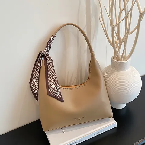 Women Minimalist PU Leather Hobo Shoulder Bag With Decorative Satin Scarf Vintage Half Moon Underarm Bag Solid Color Zipper Bag