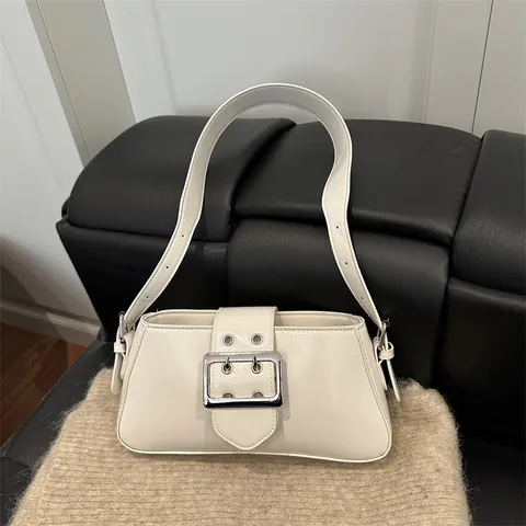Vintage PU Leather Underarm Bag For Women Decorative Belt Silver Square Buckle Shoulder Bag Fashion Commute Handbag Purse