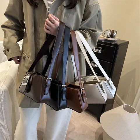Vintage PU Leather Underarm Bag For Women Decorative Belt Silver Square Buckle Shoulder Bag Fashion Commute Handbag Purse