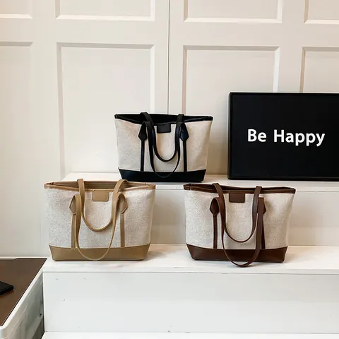Bolso de Mano de Lona y Cuero con Color de Contraste para Mujer Bolso de Hombro de Gran Capacidad Bolso de Oficina Minimalista Urbano