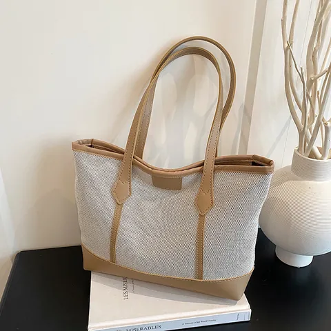 Bolso de Mano de Lona y Cuero con Color de Contraste para Mujer Bolso de Hombro de Gran Capacidad Bolso de Oficina Minimalista Urbano