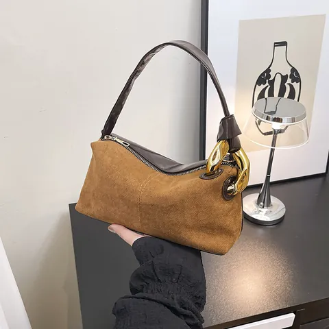 Vintage Suede Patchwork Shoulder Bag For Women Contrast Color Handbag With Gold Chain Strap Retro Commuter Crossbody Bag
