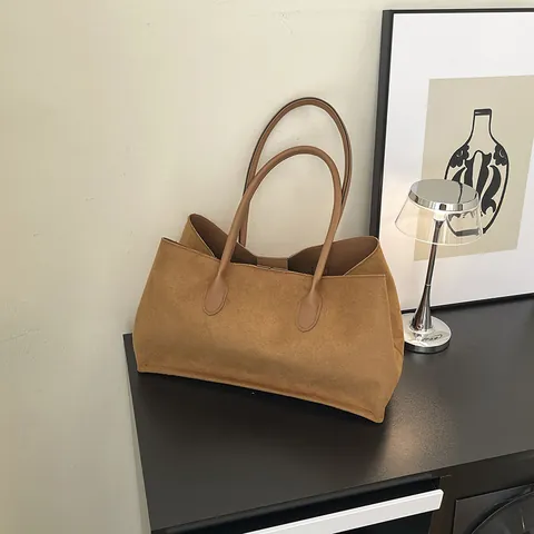 Borsa Tote in Poliestere Effetto Scamosciato Retro Minimalista Grande Capacità Donna Tinta Unita Borsa a Spalla Ufficio