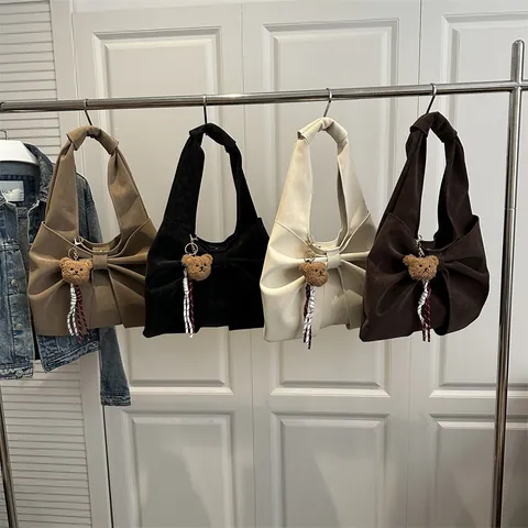 Women's Retro Bowknot Underarm Bag Matte Suede Style Shoulder Bag With Plush Bear Pendant Large Capacity Bow Handbag