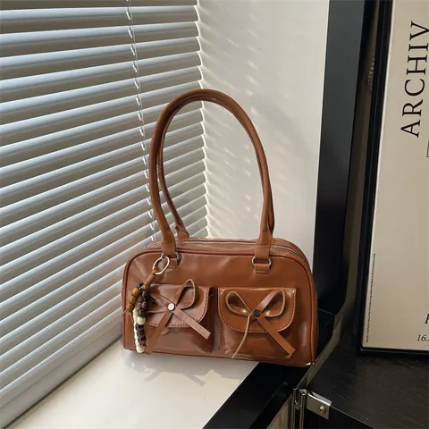 Women Retro Bowknot Underarm Bag Shiny PU Leather Shoulder Bag With Wood Beaded Pendant Daily Commute Tote Handbag