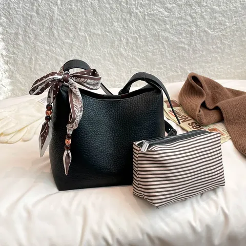 Women PU Leather Litchi Pattern Tote Bag With Satin Scarf And Beads Urban Minimalist Shoulder Crossbody Bag With Inner Pouch