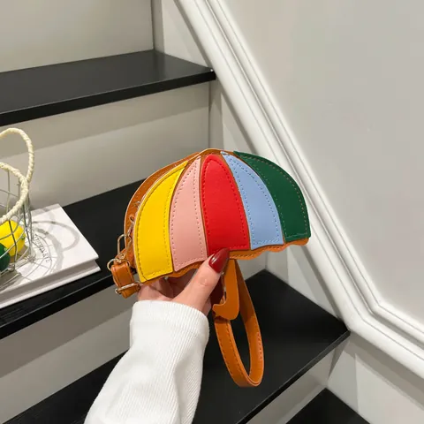 Creativa Borsa a Tracolla Mini a Forma di Ombrello Per Donna Bambini Rainbow Patchwork Pelle PU Borsa a Spalla Piccolo Portamonete