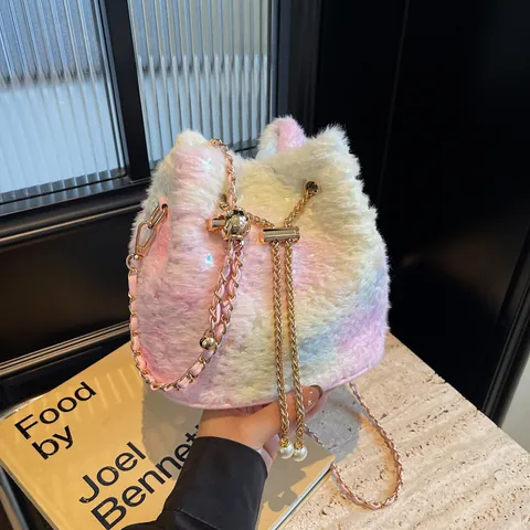 Women Cute Plush Bucket Bag Gradient Colors Star Sequins Drawstring Handbag With Gold Chain Strap Pearl Decoration Sweet Crossbody Bag