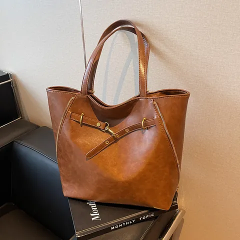 Bolso Tote de Cuero PU de Gran Capacidad Vintage Para Mujer Bolso de Hombro Minimalista Urbano Con Decoración Cremallera Trabajo