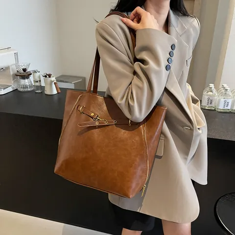 Bolso Tote de Cuero PU de Gran Capacidad Vintage Para Mujer Bolso de Hombro Minimalista Urbano Con Decoración Cremallera Trabajo
