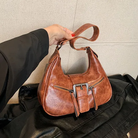 Sac Sous le Bras en Cuir PU Vieilli Vintage pour Femmes Sac à Épaule Rétro Croissant Avec Grosse Boucle et Zips