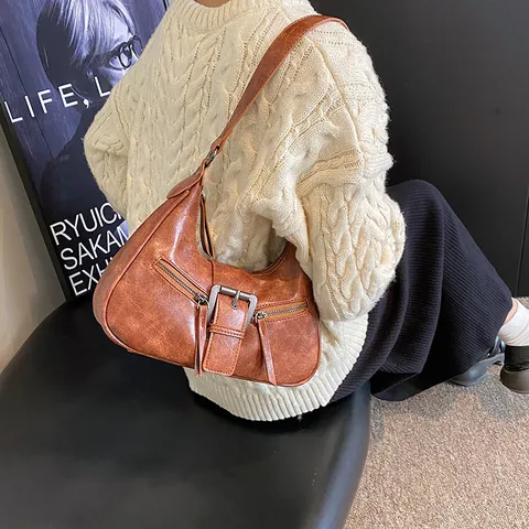 Sac Sous le Bras en Cuir PU Vieilli Vintage pour Femmes Sac à Épaule Rétro Croissant Avec Grosse Boucle et Zips