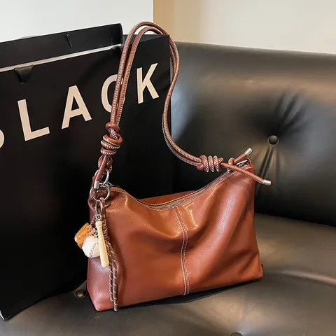 Borsa Tote da Donna in Pelle PU Retro Grande Capacità Borsa a Spalla Hobo Con Cuciture a Contrasto Tracolla Annodata
