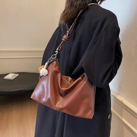 Borsa Tote da Donna in Pelle PU Retro Grande Capacità Borsa a Spalla Hobo Con Cuciture a Contrasto Tracolla Annodata