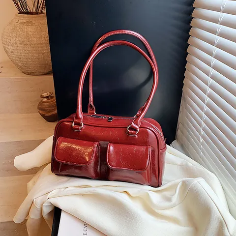 Vintage Glänzende PU Leder Unterarmtasche Damen Große Kapazität Minimalistisch Pendler Umhängetasche Mit Doppelten Taschen
