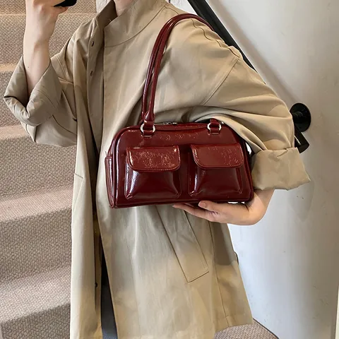 Vintage Glänzende PU Leder Unterarmtasche Damen Große Kapazität Minimalistisch Pendler Umhängetasche Mit Doppelten Taschen