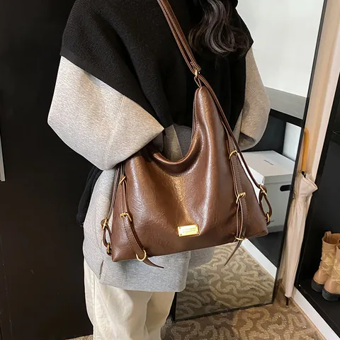 Damen Große Kapazität PU Leder Hobo Schultertasche Vintage Urban Schlichte Tote Handtasche Mit Goldener Hardware Verstellbarer Gurt