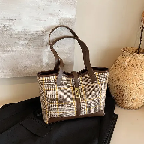 Vintage Hahnentritt Tragetasche Für Damen Große Kapazität Wollstoff PU-Leder Patchwork Schultertasche Büro Arbeit Handtasche