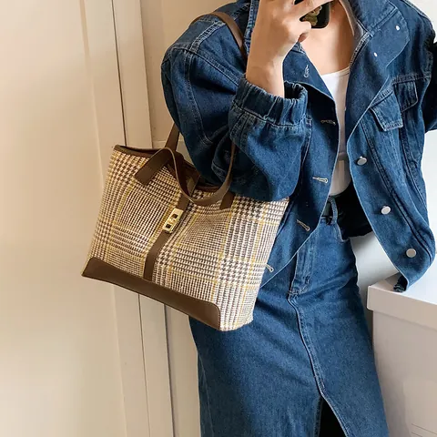 Vintage Hahnentritt Tragetasche Für Damen Große Kapazität Wollstoff PU-Leder Patchwork Schultertasche Büro Arbeit Handtasche
