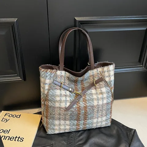 Women Vintage Plaid Woolen Tote Bag Large Capacity Tweed Commuter Shoulder Bag Retro Patchwork Handbag Multi-way Backpack