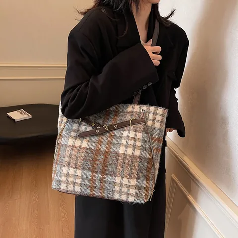 Women Vintage Plaid Woolen Tote Bag Large Capacity Tweed Commuter Shoulder Bag Retro Patchwork Handbag Multi-way Backpack