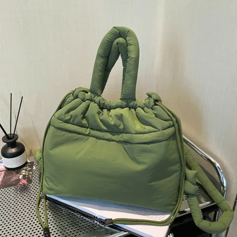 Women Quilted Puffer Tote Bag Padded Drawstring Cloud Shoulder Bag Lightweight Nylon Large Capacity Casual Handbag