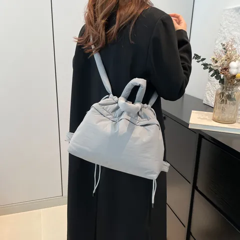 Women Quilted Puffer Tote Bag Padded Drawstring Cloud Shoulder Bag Lightweight Nylon Large Capacity Casual Handbag