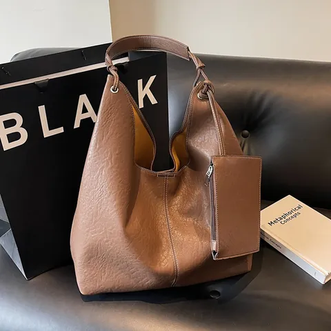Large Capacity Soft PU Leather Tote Bag For Women Vintage Hobo Shoulder Bag With Small Pouch Casual Commuter Handbag