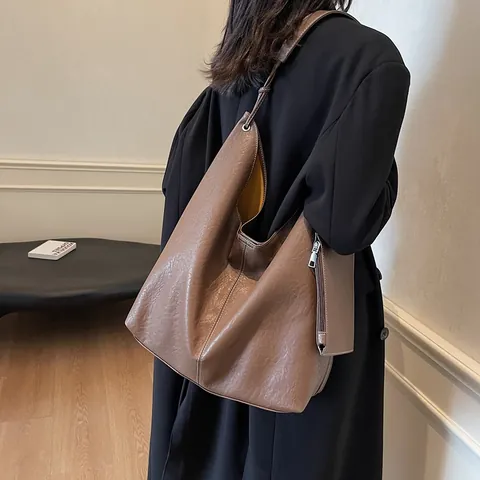 Large Capacity Soft PU Leather Tote Bag For Women Vintage Hobo Shoulder Bag With Small Pouch Casual Commuter Handbag
