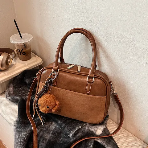 Vintage PU Leather Splicing Boston Bag For Women Minimalist Handbag With Plush Dog Pendant Shoulder Crossbody Bag