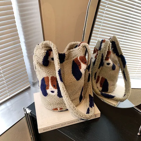 Dames Pluche Faux Lamswol Emmer Tas Retro Luipaard Cartoon Hond Etnische Totem Ruitpatroon Grote Capaciteit Crossbody Tas Voor Dagelijks Gebruik Schoudertas
