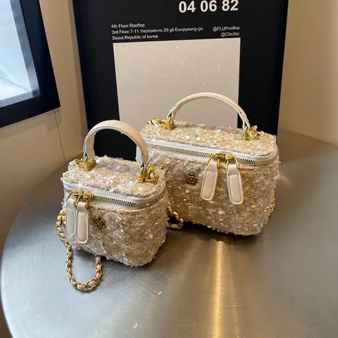 Dames Vintage Tweed Crossbodytas Luxe Pailletten Camelia Ketting Handtas Kleine Vanity Box Tas Voor Feest Bruiloft Dagelijks