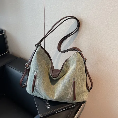 Vintage Gewaschene Denim Große Kapazität Tragetasche Für Damen Multifunktionale Umhängetasche Mit Reißverschlüssen Retro Handtasche