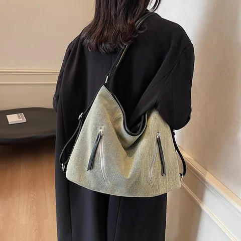 Vintage Gewaschene Denim Große Kapazität Tragetasche Für Damen Multifunktionale Umhängetasche Mit Reißverschlüssen Retro Handtasche