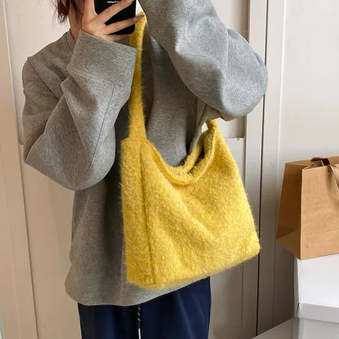 Grote Capaciteit Pluche Geruite Tote Bag Voor Vrouwen Herfst Winter Zachte Wol Tweed Schoudertas Hobo Handtas Reizen Werk