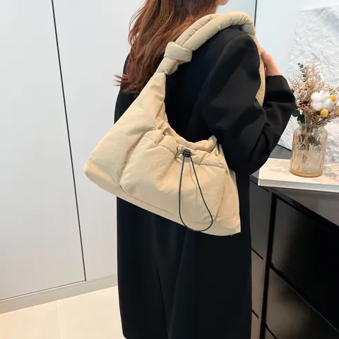 Damen Casual Gesteppte Schultertasche Mit Verstellbarem Knotengurt Kordelzugtasche Leichte Nylon Tragetasche Handtasche