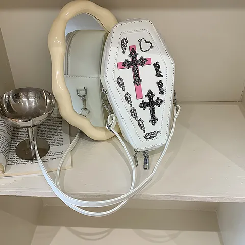 Women Gothic Coffin Shaped Crossbody Bag PU Leather With Cross Print Punk Style Halloween Small Shoulder Bag For Fashion