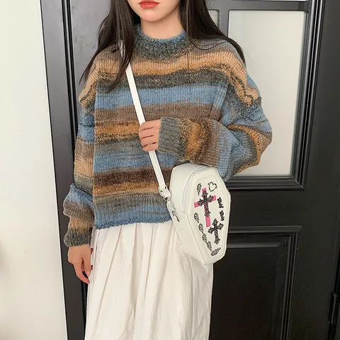 Women Gothic Coffin Shaped Crossbody Bag PU Leather With Cross Print Punk Style Halloween Small Shoulder Bag For Fashion
