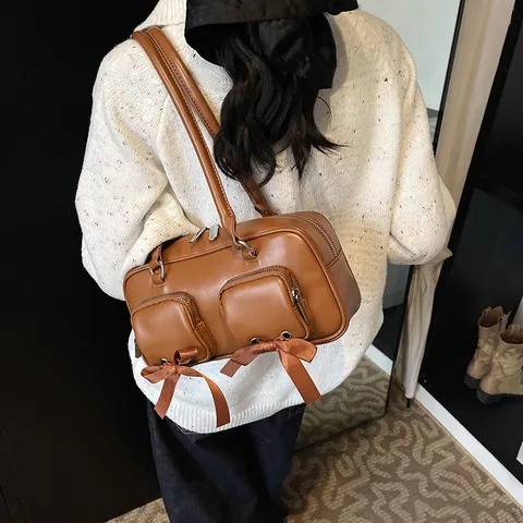 Damen Retro Schleife Achseltasche PU Leder Schultertasche Doppel Tasche Pendeln Handtasche Vintage Mode Reißverschluss Tasche