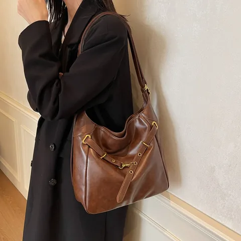 Bolso Tote de Cuero PU Vintage de Gran Capacidad para Mujer Bolso de Hombro Hobo Minimalista Con Herrajes Dorados Bolso Diario