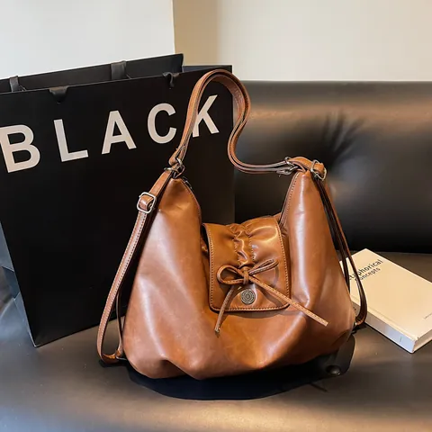 Koreanische Mode Große Kapazität PU Leder Umhängetasche Für Damen Vintage Schleife Dekor Hobo Tragetasche Pendeln Alltag