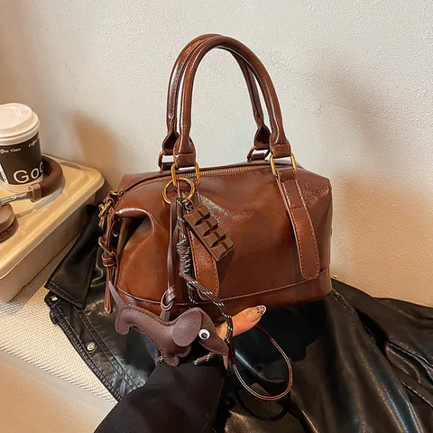 Vintage Women PU Leather Boston Pillow Bag High Gloss Retro Shoulder Crossbody Bag With Cute Chocolate Dog Charms Handbag