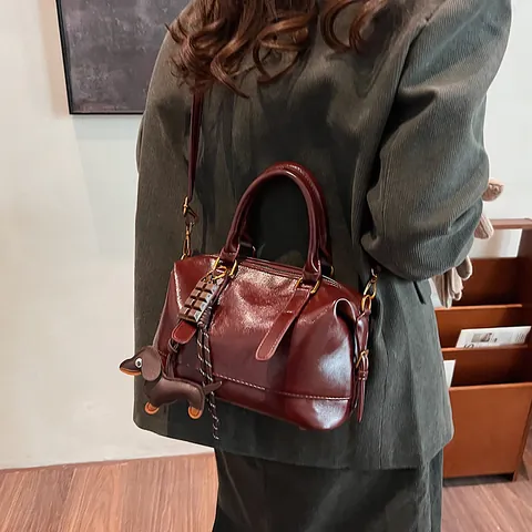 Vintage Women PU Leather Boston Pillow Bag High Gloss Retro Shoulder Crossbody Bag With Cute Chocolate Dog Charms Handbag