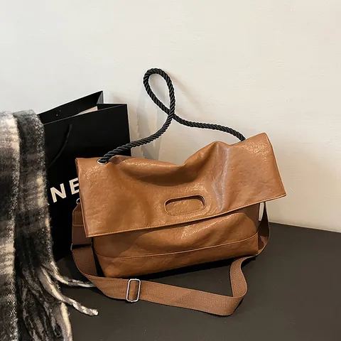 Large Capacity Soft PU Leather Tote Bag For Women Retro Hobo Shoulder Bag With Woven Rope Handle Adjustable Wide Strap