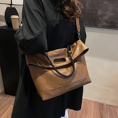 Large Capacity Soft PU Leather Tote Bag For Women Retro Hobo Shoulder Bag With Woven Rope Handle Adjustable Wide Strap