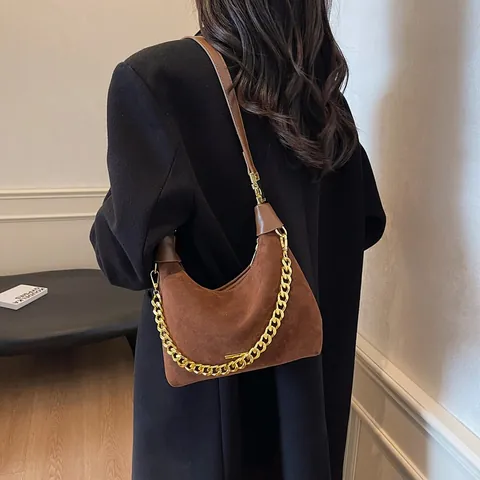 Damen Fashion Wildleder Hobo Bag Vintage Halbmond Umhängetasche Mit Goldener Kette Commute Kleine Handtasche Schultertasche