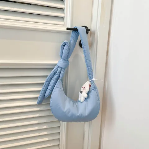 Women Puffer Dumpling Underarm Bag Retro Casual Fabric Shoulder Bag With Knotted Strap And Rabbit Pendant Hobo Handbag