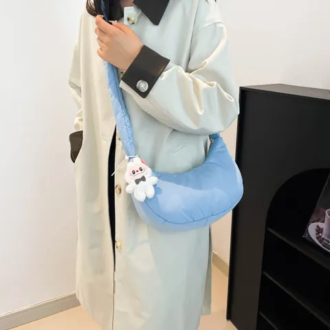 Women Puffer Dumpling Underarm Bag Retro Casual Fabric Shoulder Bag With Knotted Strap And Rabbit Pendant Hobo Handbag