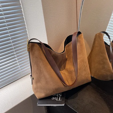 Bolso Tote de Gamuza de Gran Capacidad para Mujer Minimalista Casual de Hombro Hobo Bolso de Mano Versátil para Conmutar Color Sólido