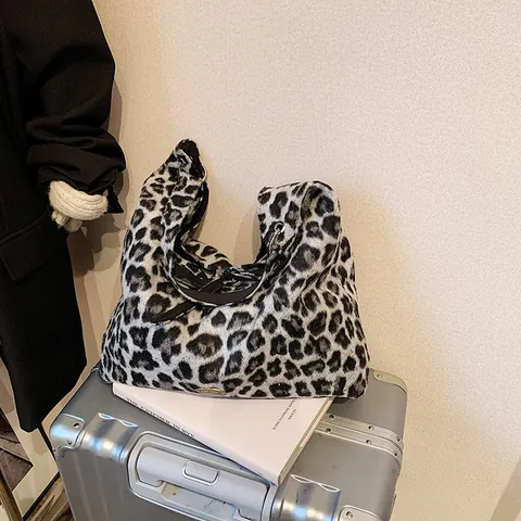 Women Leopard Print Hobo Bag Plush Texture Tote Large Capacity Shoulder Bag With Bow Decoration Casual Street Handbag
